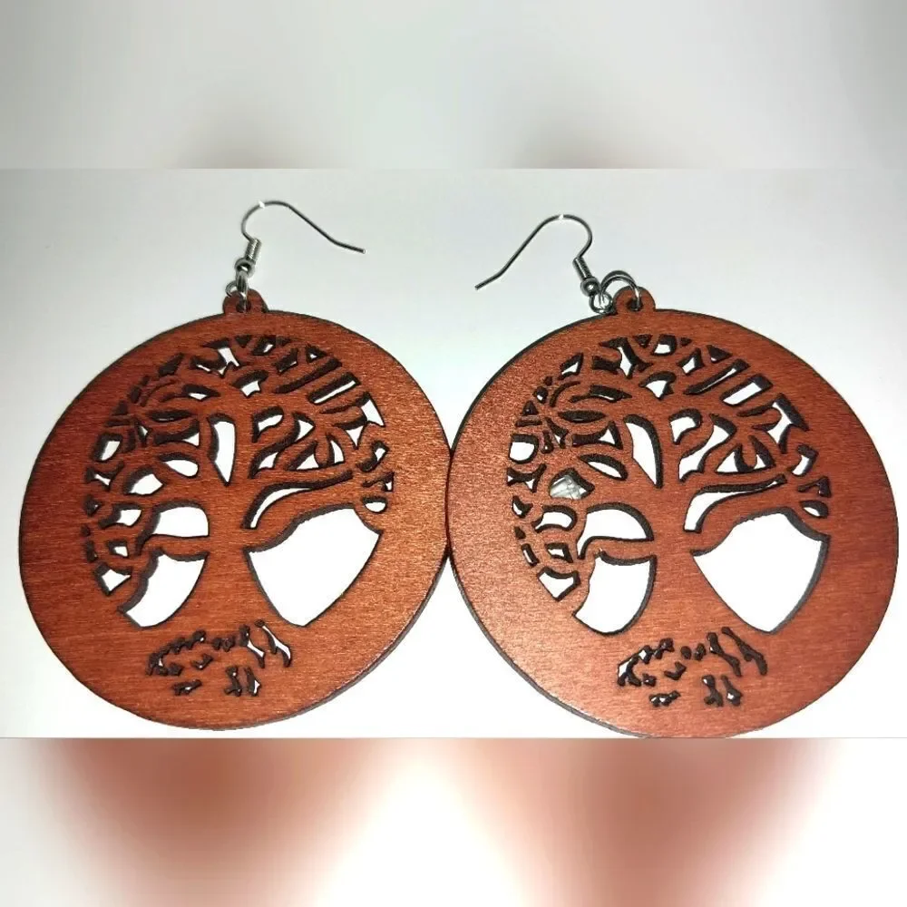 Brown Hollow Wooden tree Of Life Earrings